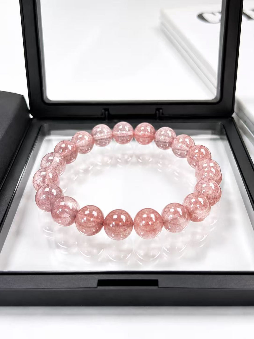 Natural Strawberry Quartz Crystal Bracelet – Genuine Pink Gemstone Beaded Bracelet