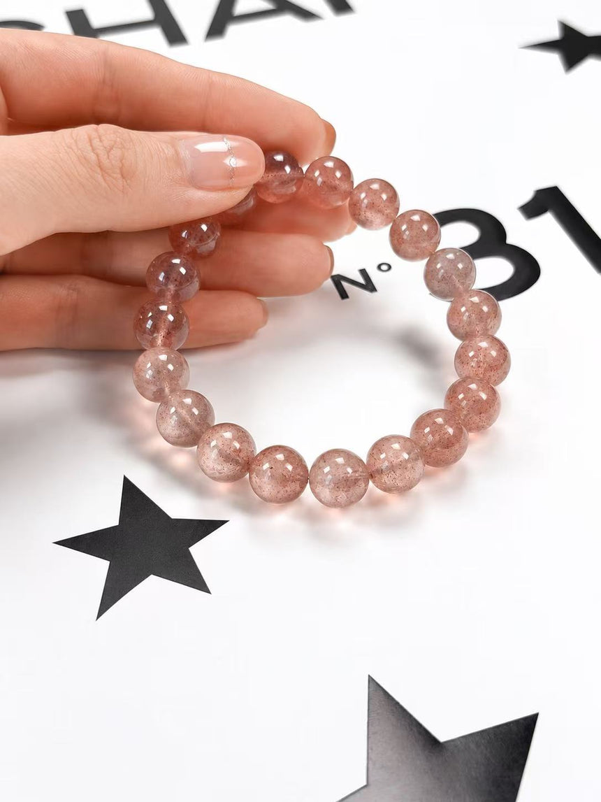 Natural Strawberry Quartz Crystal Bracelet – Genuine Pink Gemstone Beaded Bracelet