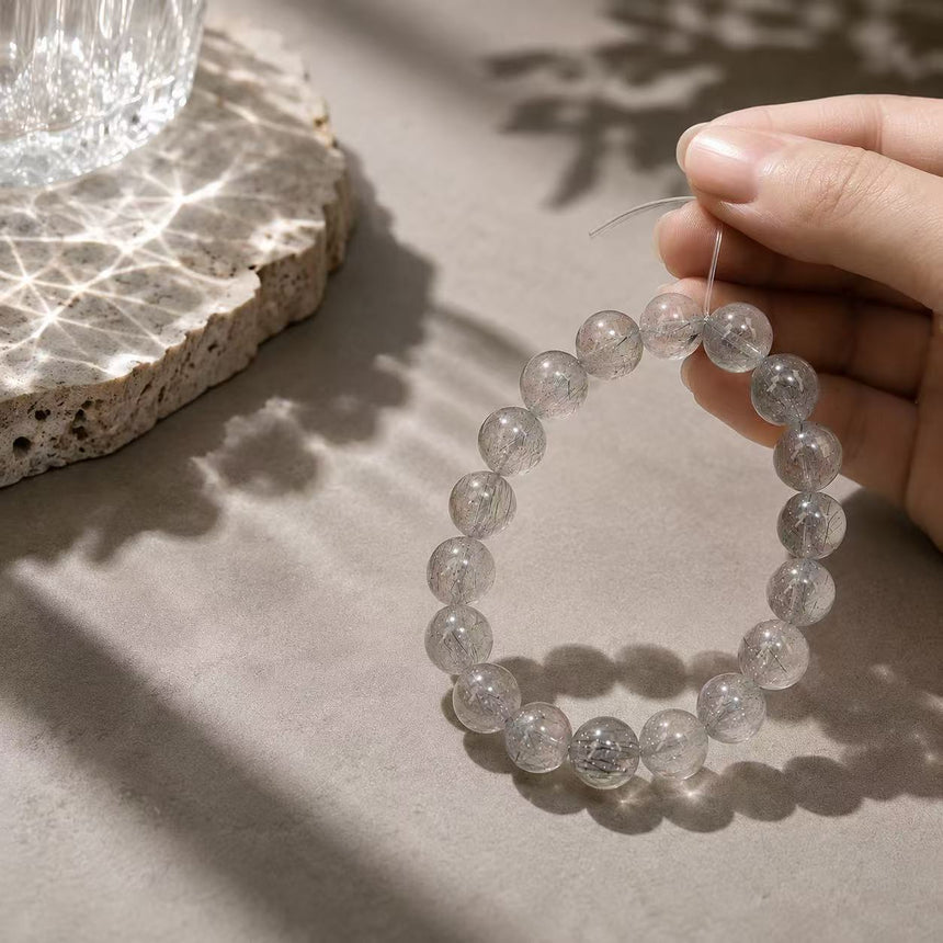 Natural Black Rutilated Quartz Crystal Beaded Bracelet – Genuine Gemstone Bracelet