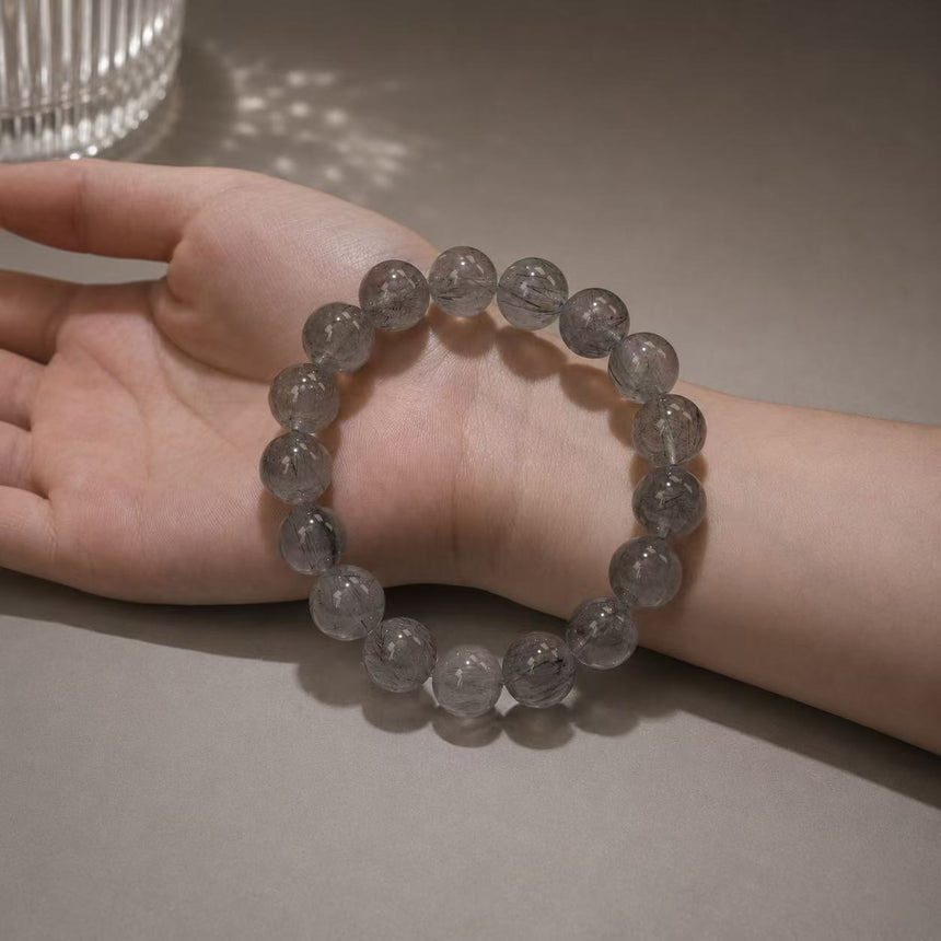 Natural Black Rutilated Quartz Crystal Beaded Bracelet – Genuine Gemstone Bracelet