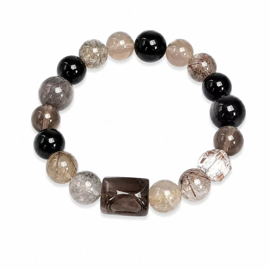 Natural Obsidian & Smoky Quartz Crystal Bracelet