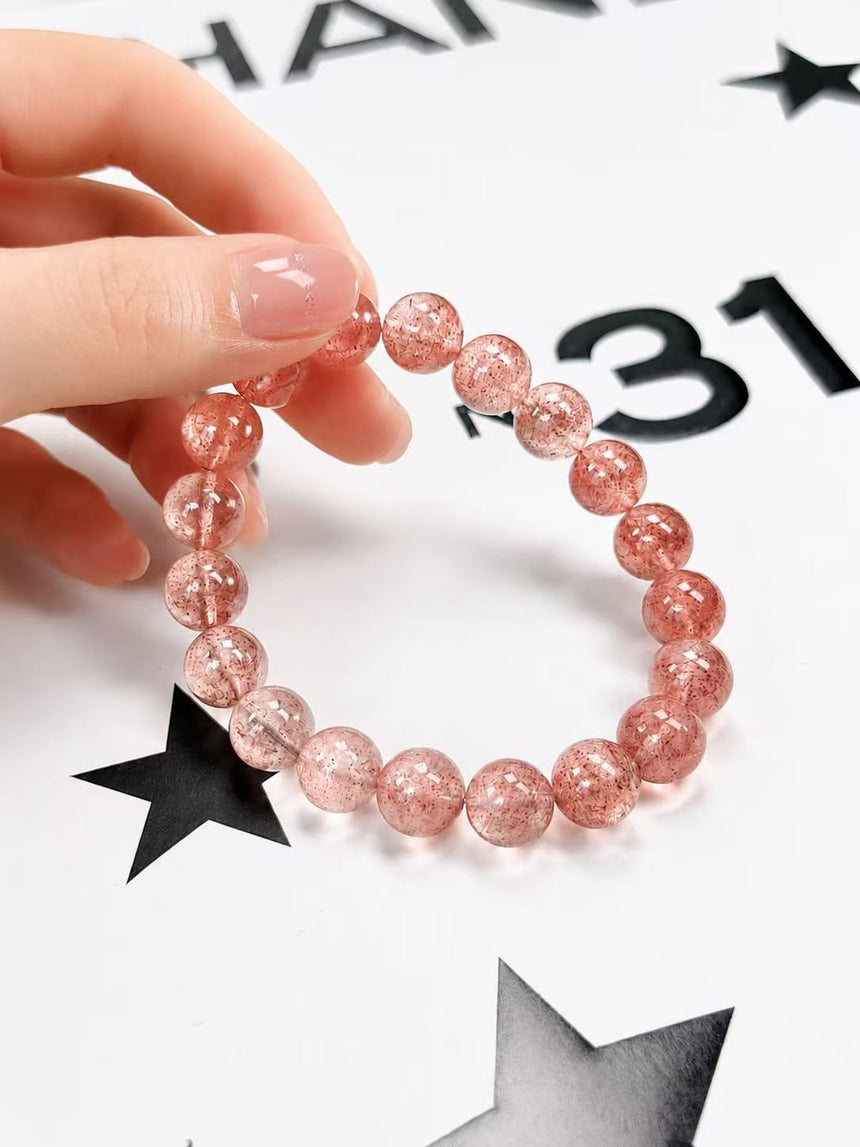 Natural Strawberry Quartz Crystal Bracelet – Genuine Pink Gemstone Beaded Bracelet