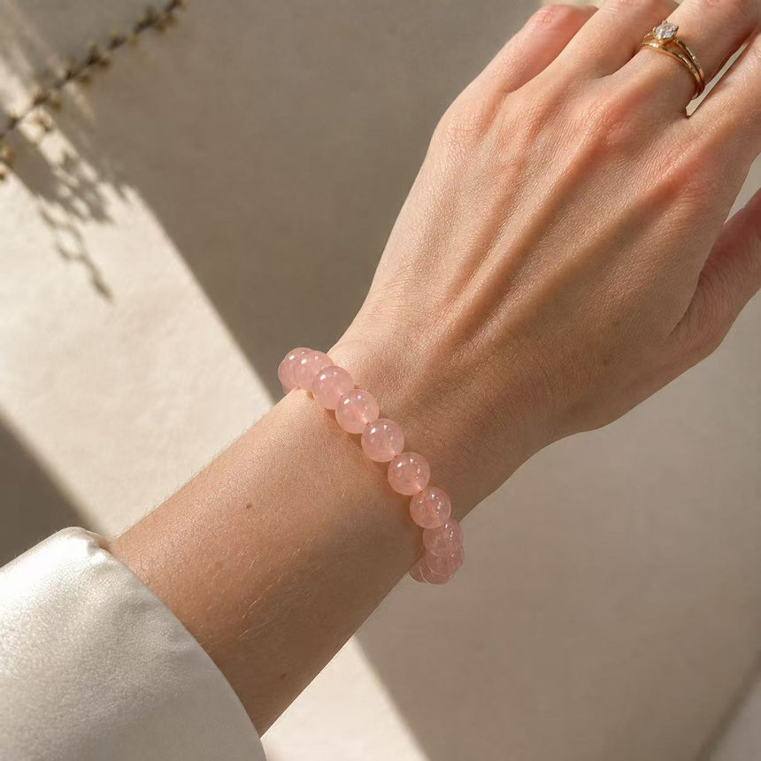 Natural Rose Quartz Genuine Pink Crystal Beaded Bracelet