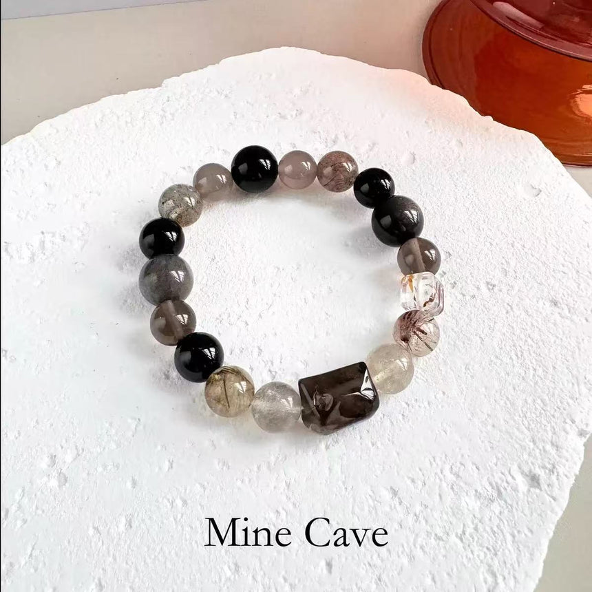 Natural Obsidian & Smoky Quartz Crystal Bracelet
