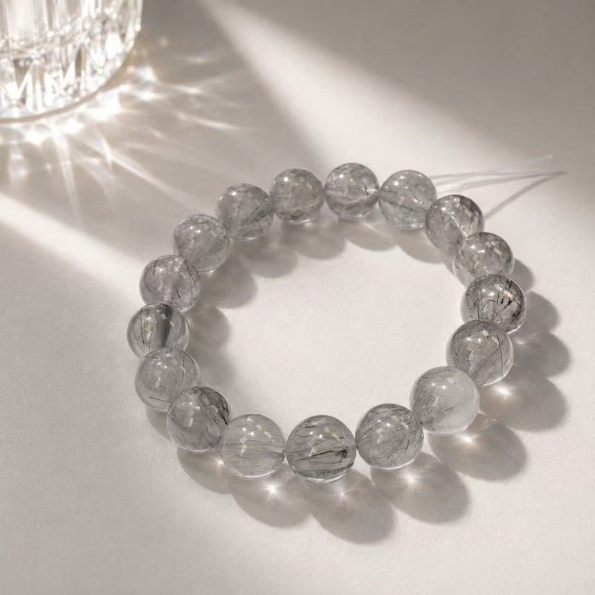Natural Black Rutilated Quartz Crystal Beaded Bracelet – Genuine Gemstone Bracelet