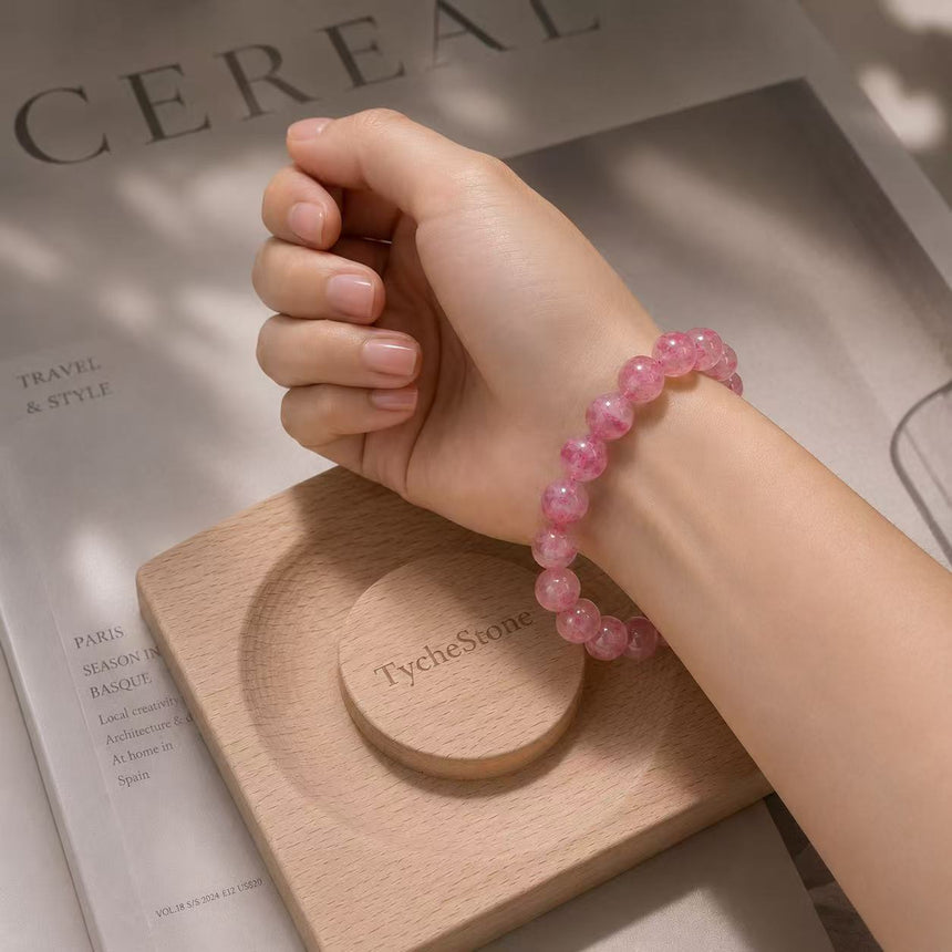 Natural Strawberry Quartz Crystal Bracelet Genuine Pink Gemstone Beaded Bracelet