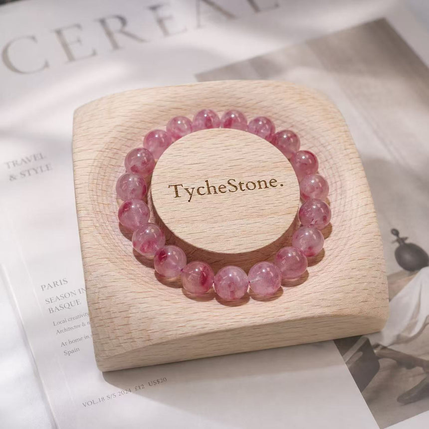 Natural Strawberry Quartz Crystal Bracelet Genuine Pink Gemstone Beaded Bracelet