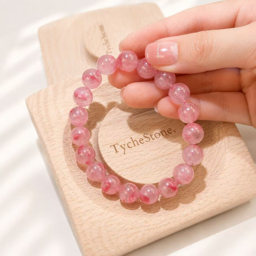 Natural Strawberry Quartz Crystal Bracelet Genuine Pink Gemstone Beaded Bracelet