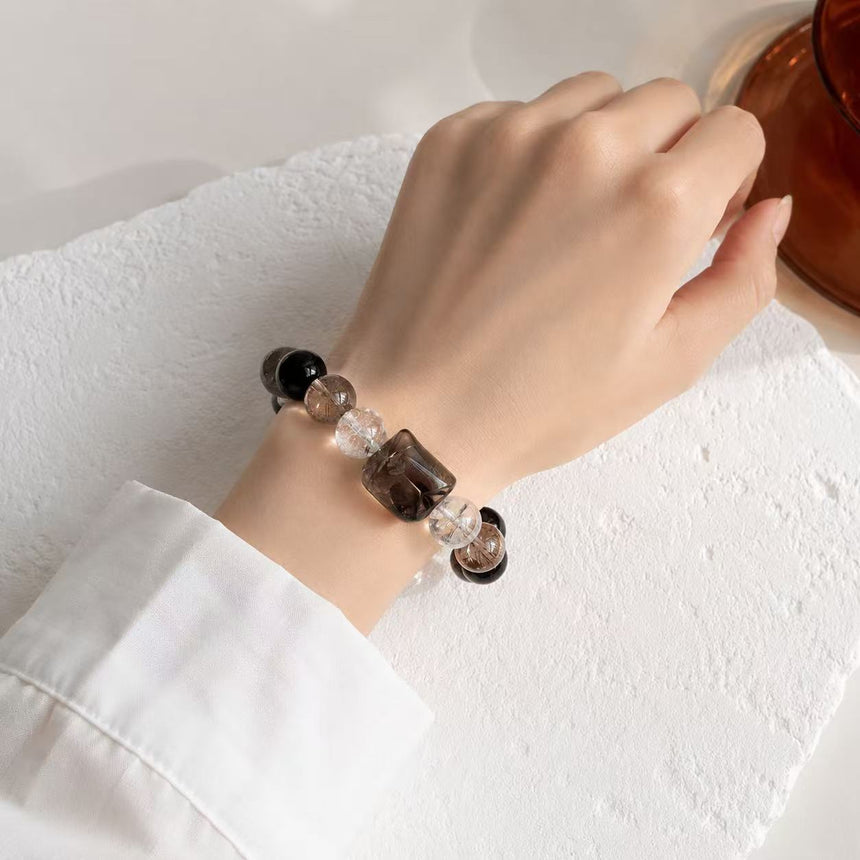 Natural Obsidian & Smoky Quartz Crystal Bracelet